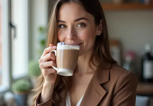 vrouw die chocomelk drinkt